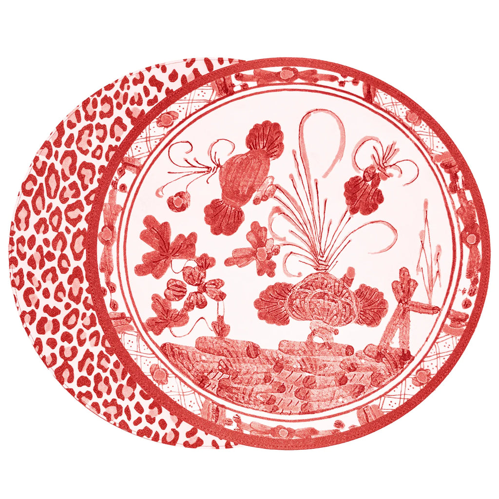 VIDA Faenza and Leopard Reversible Round Placemats Set of 4 White & Red