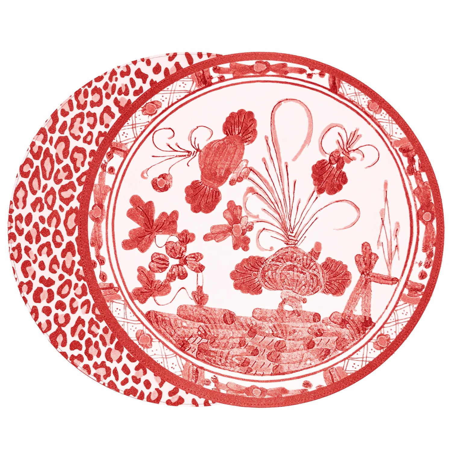 VIDA Faenza and Leopard Reversible Round Placemats Set of 4 White & Red