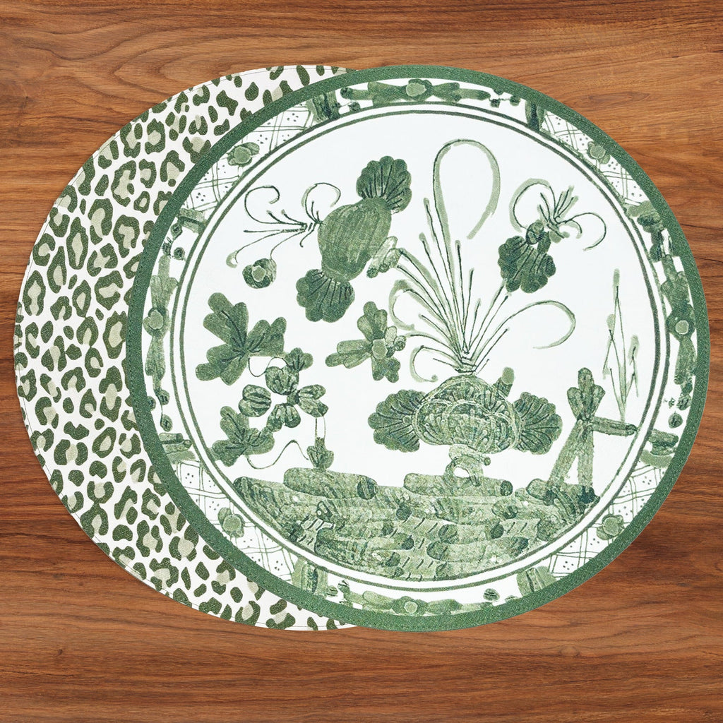 VIDA Faenza and Leopard Reversible Round Placemats Set of 4 White & Green