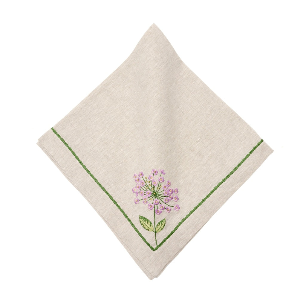 22" Flax Allium Burst Embroidered Napkin Purple  (Set of 4)