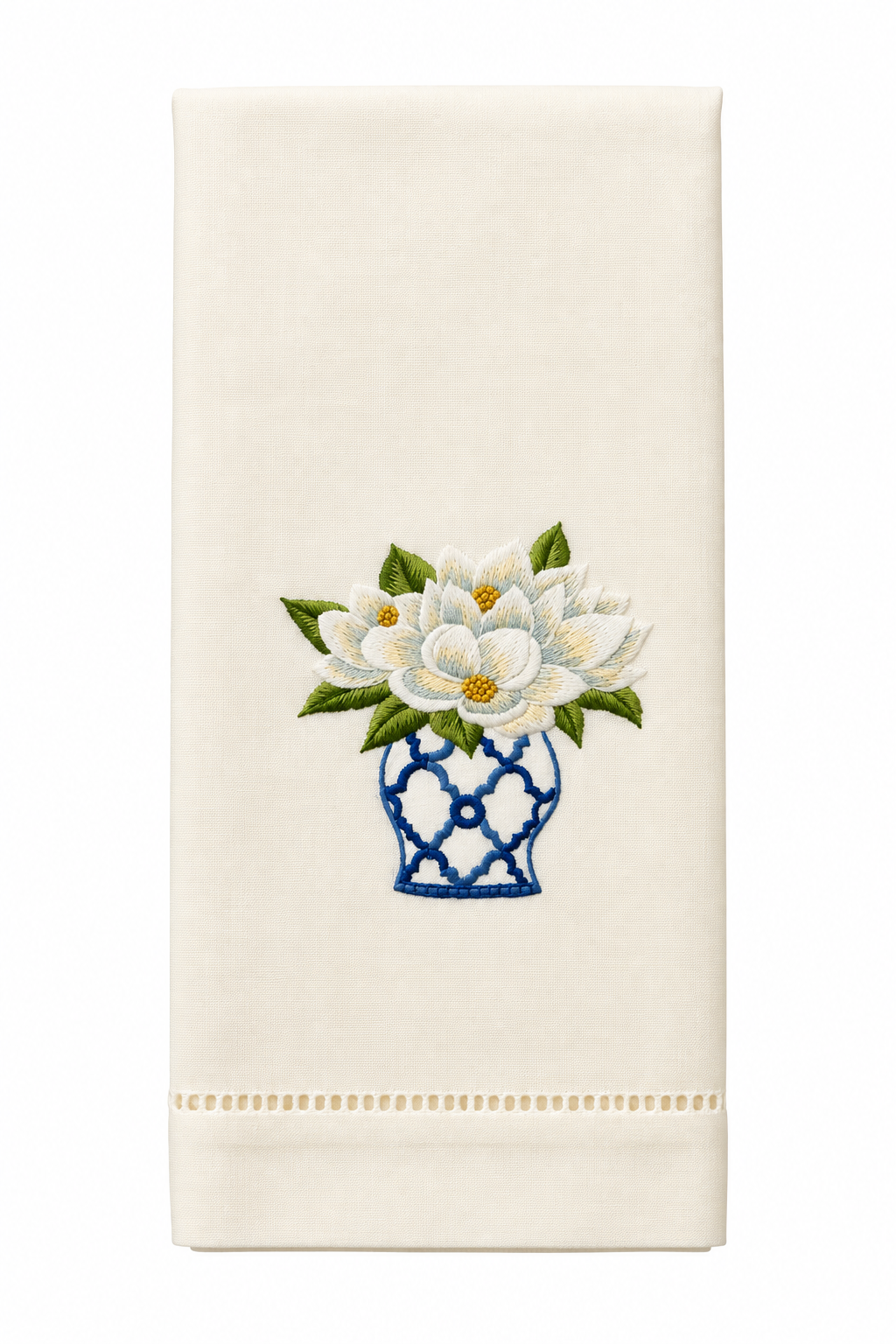 Hand Embroidered Towel Magnolia Blue Vase