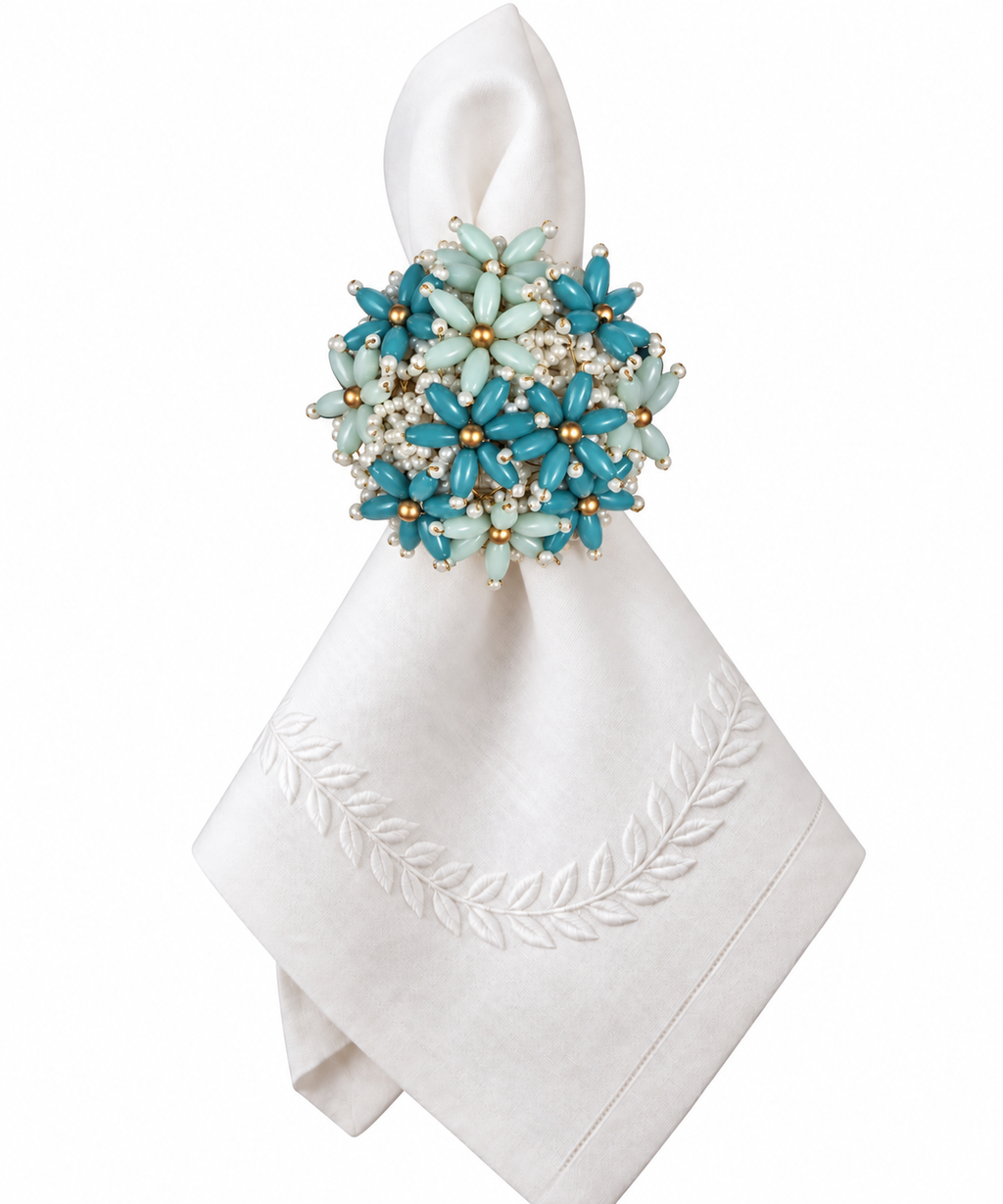 Floral Beaded Brooch Napkin Ring Aqua (Set of 4)