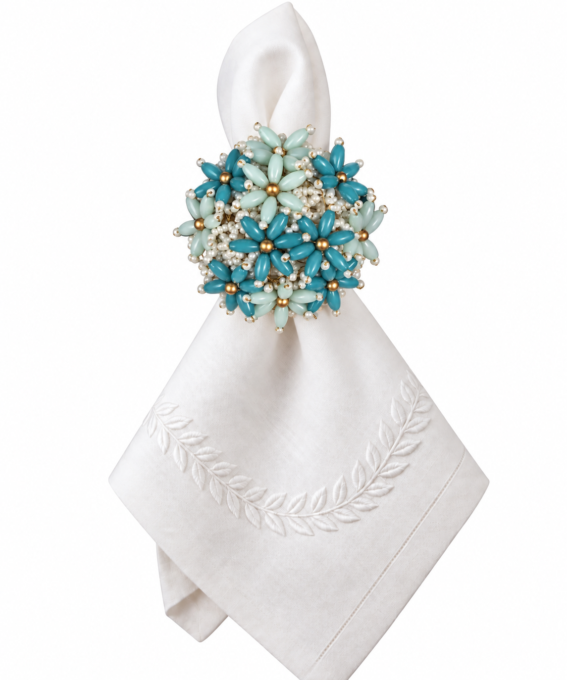 Floral Beaded Brooch Napkin Ring Aqua (Set of 4)