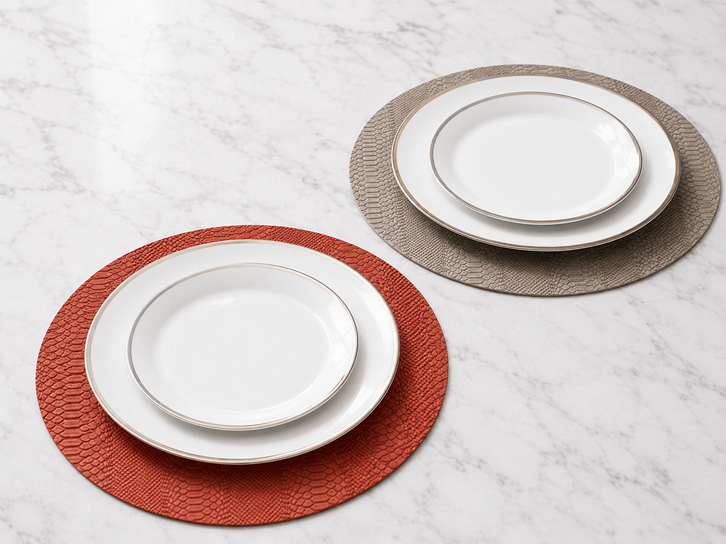 VIDA Croc Reversible 15.5" Round Placemats Set of 4 (Salmon and Taupe)