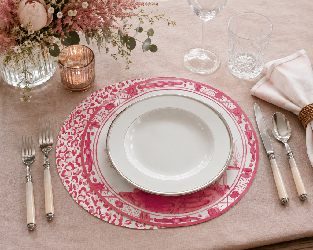 VIDA Faenza and Leopard Reversible Placemats Set of 4 (Pink and White)