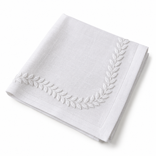 100% Linen Fern Path Embroidered Napkin White (Set of 4)