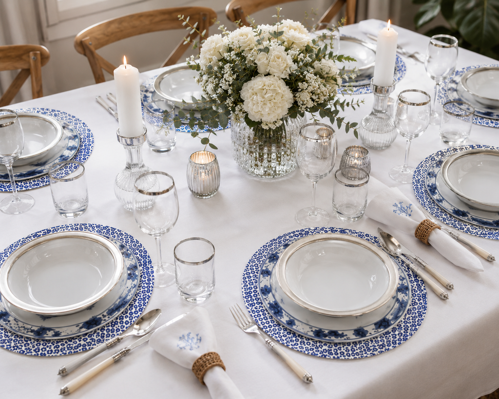 VIDA Faenza and Leopard Reversible Placemats Set of 4 (Blue and White)