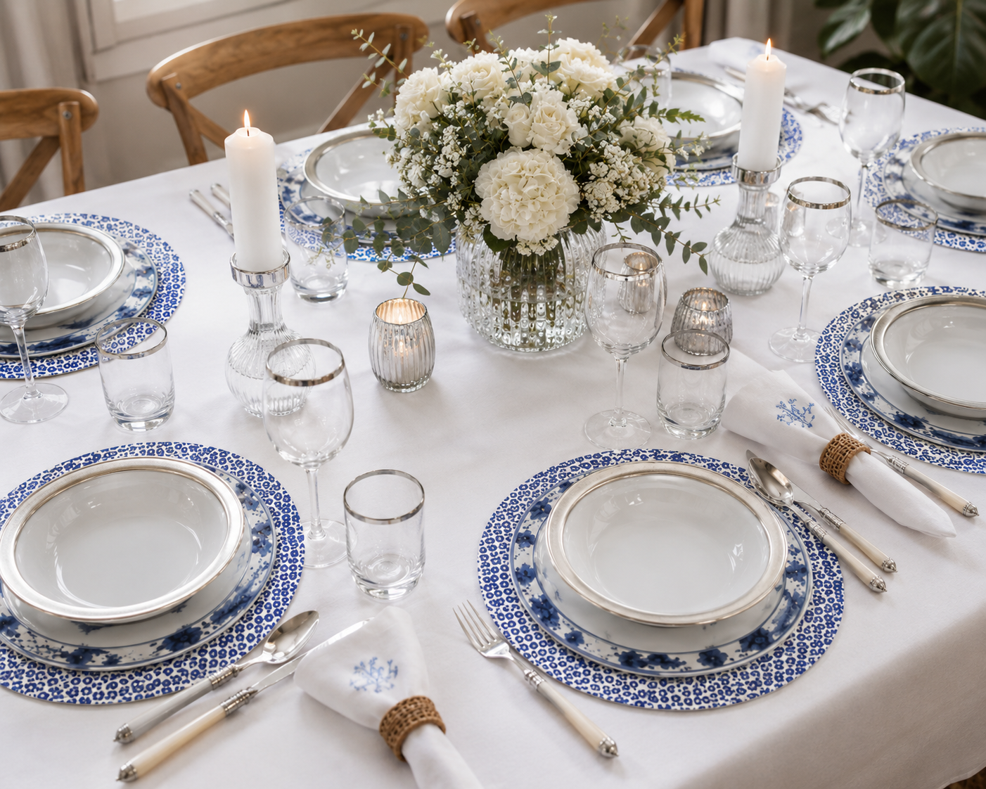 VIDA Faenza and Leopard Reversible Placemats Set of 4 (Blue and White)