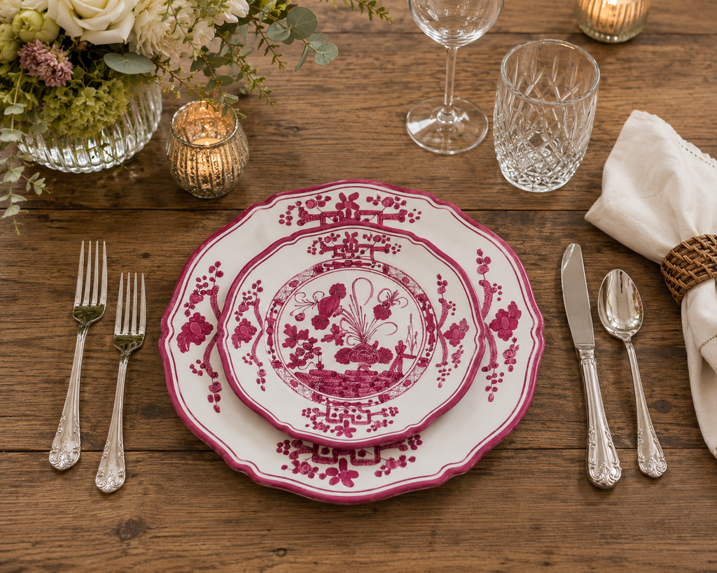 VIDA Faenza 9" Salad Plate Set of 4 (Deep Pink and White)