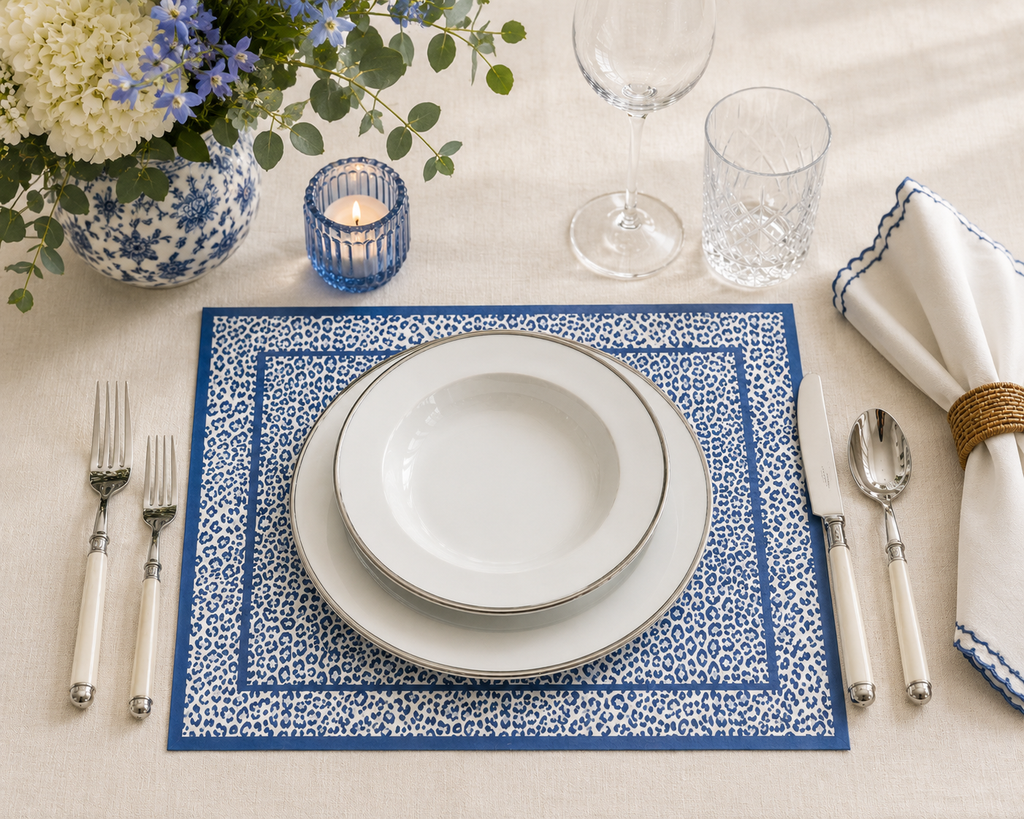 LINENS Leopard Napkins 20 x 20 Set of 4 (Blue and White)