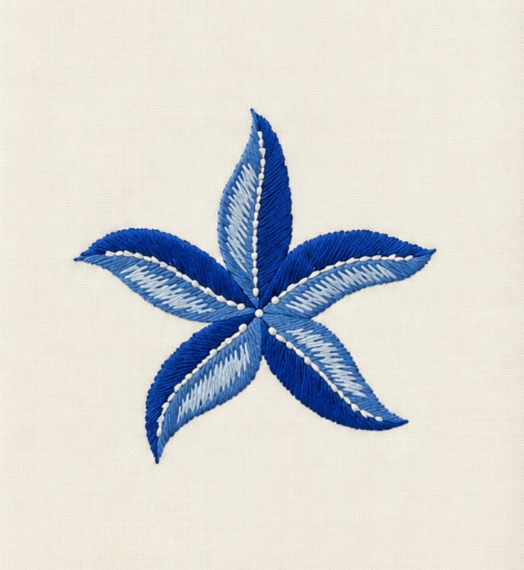 Hand embroidered towel, starfish