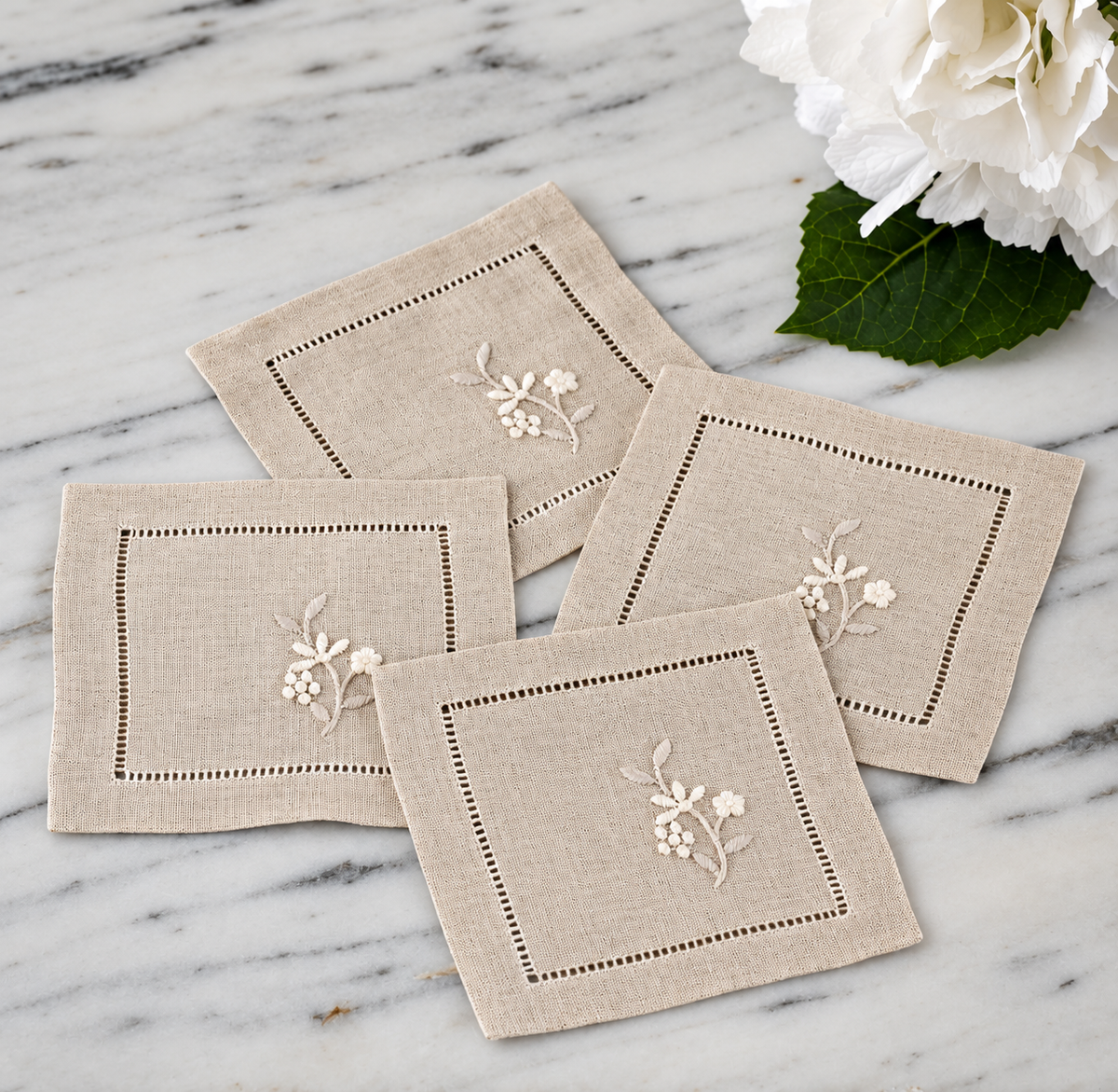 FLEUR EMBROIDERED LINEN COASTER, SET OF 4