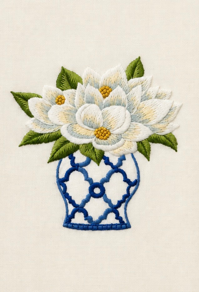 Hand Embroidered Towel Magnolia Blue Vase