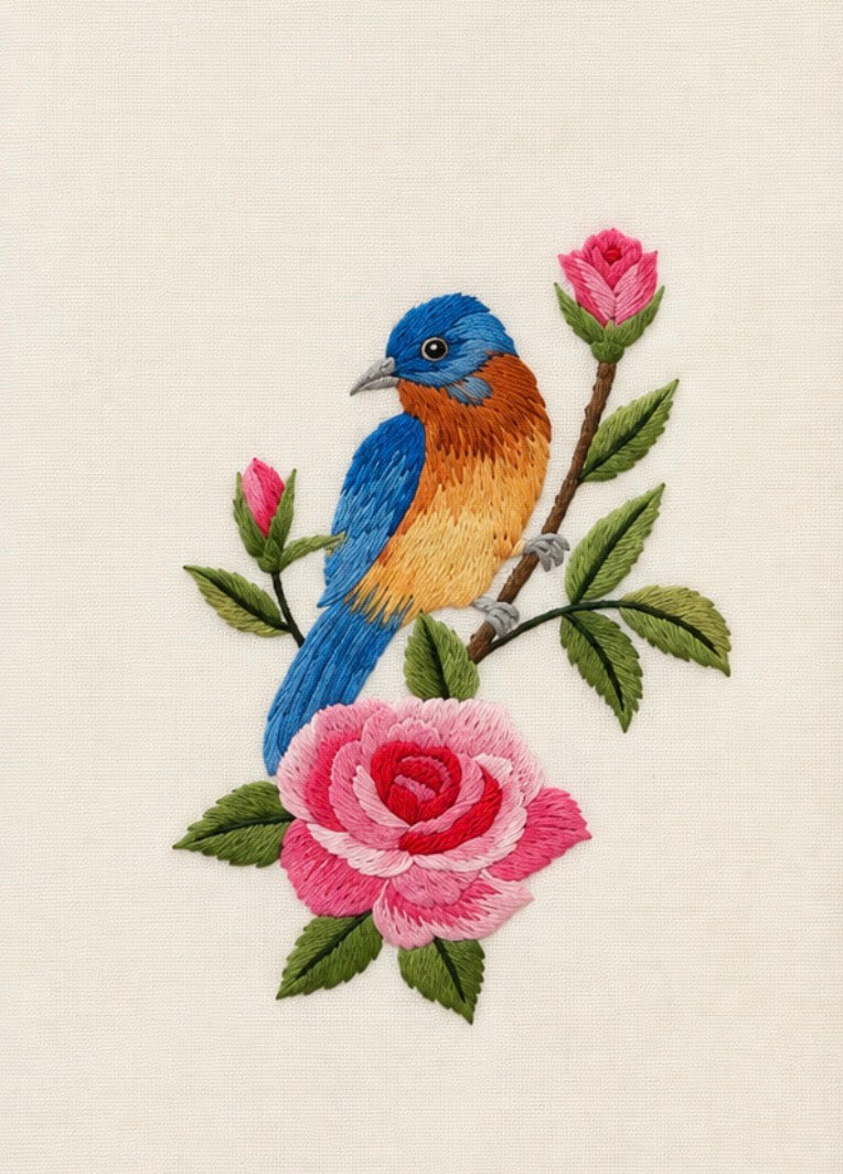 Hand Embroidered Towel Blue Bird/Rose