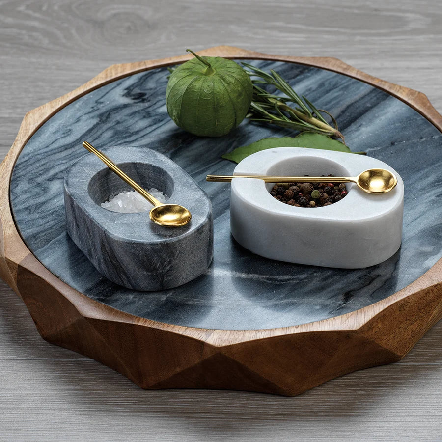 Tuscan Marble Salt and Pepper Bowl with Gold Spoon - Gray