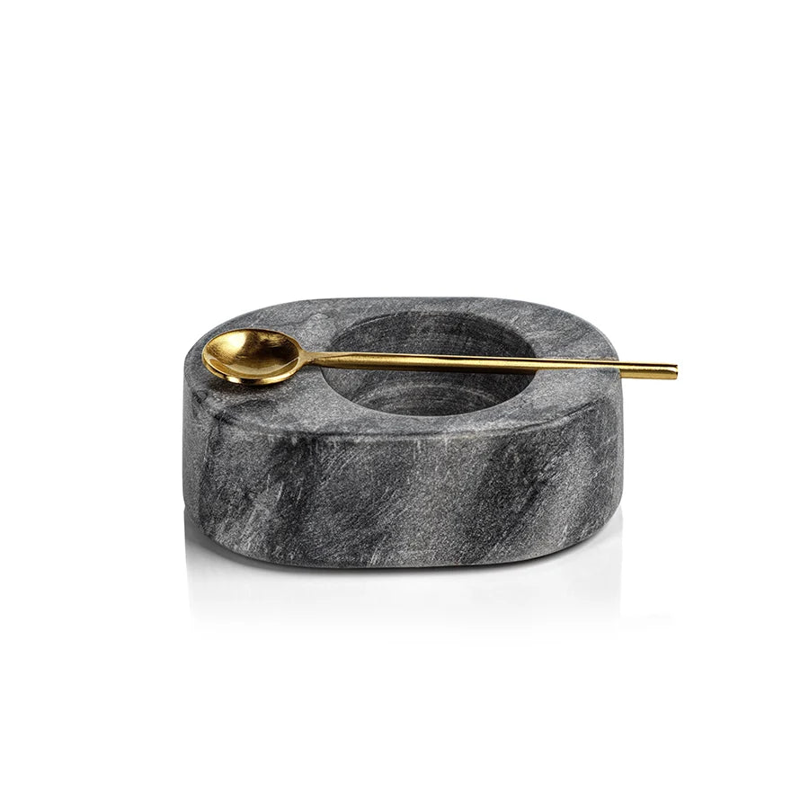 Tuscan Marble Salt and Pepper Bowl with Gold Spoon - Gray