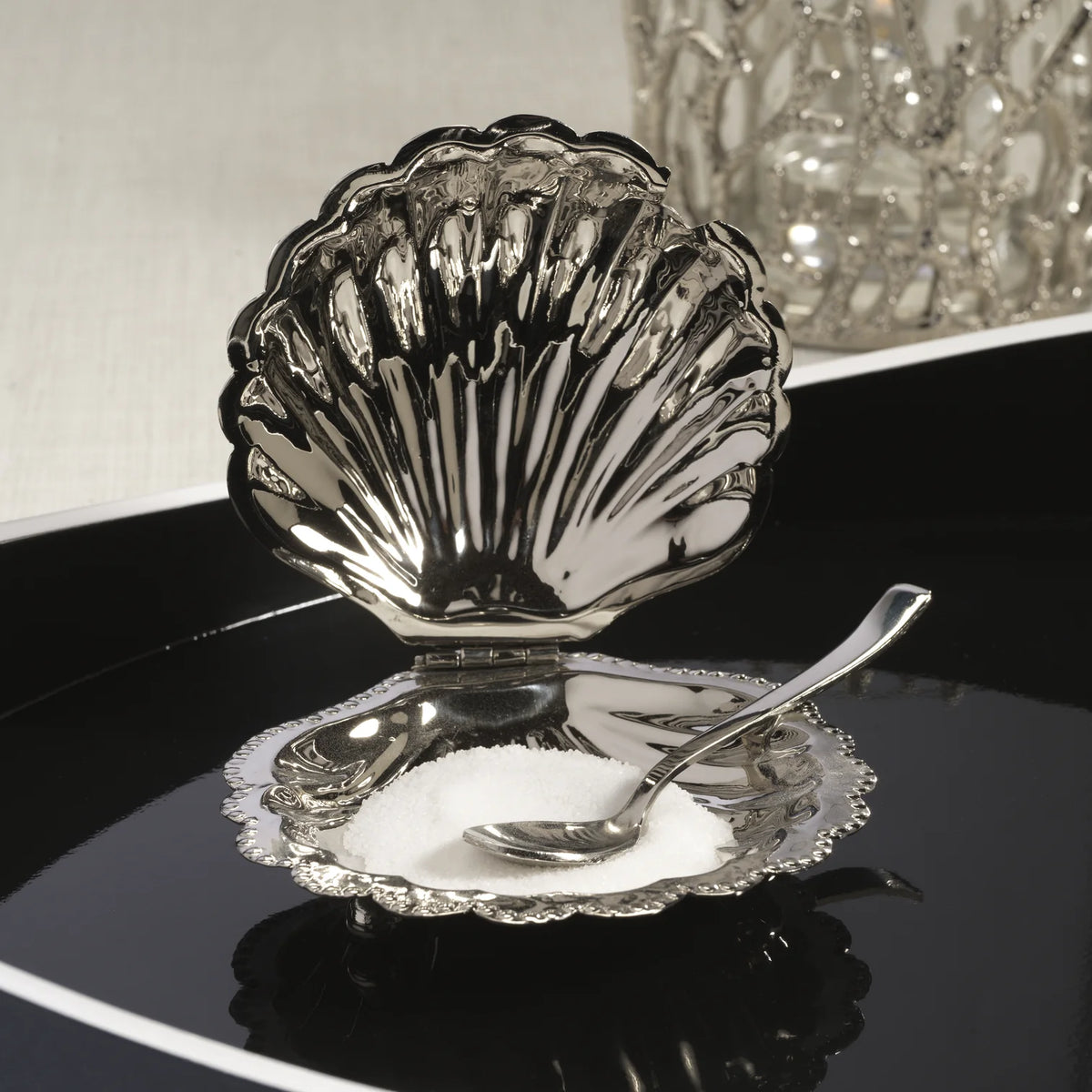 Cap Ferrat Fan Shell Lidded Bowl with Spoon - Polished Nickel