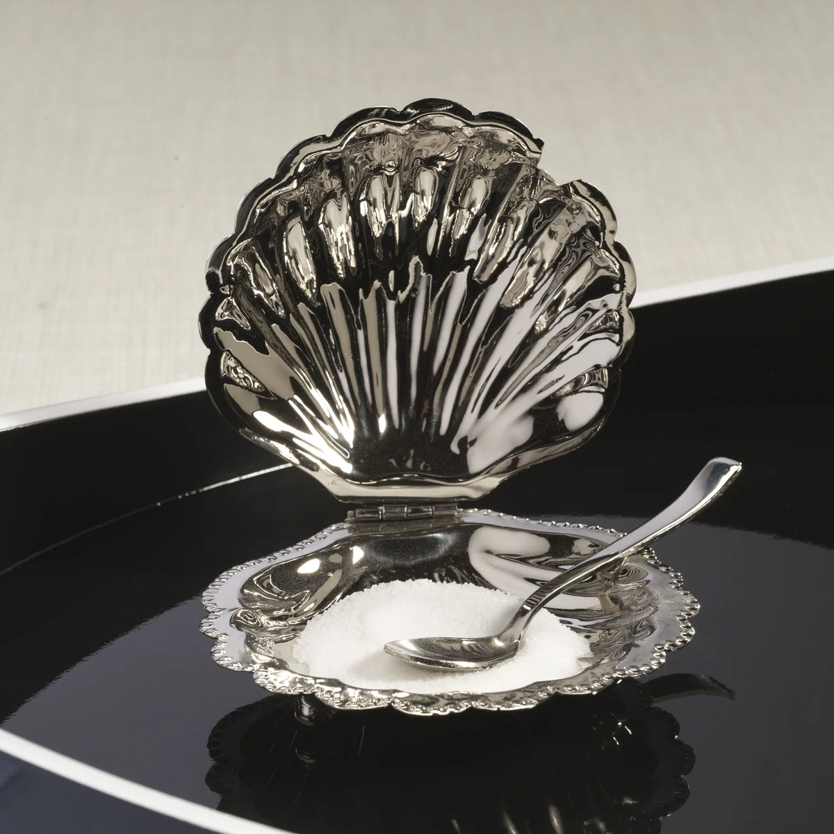 Cap Ferrat Fan Shell Lidded Bowl with Spoon - Polished Nickel