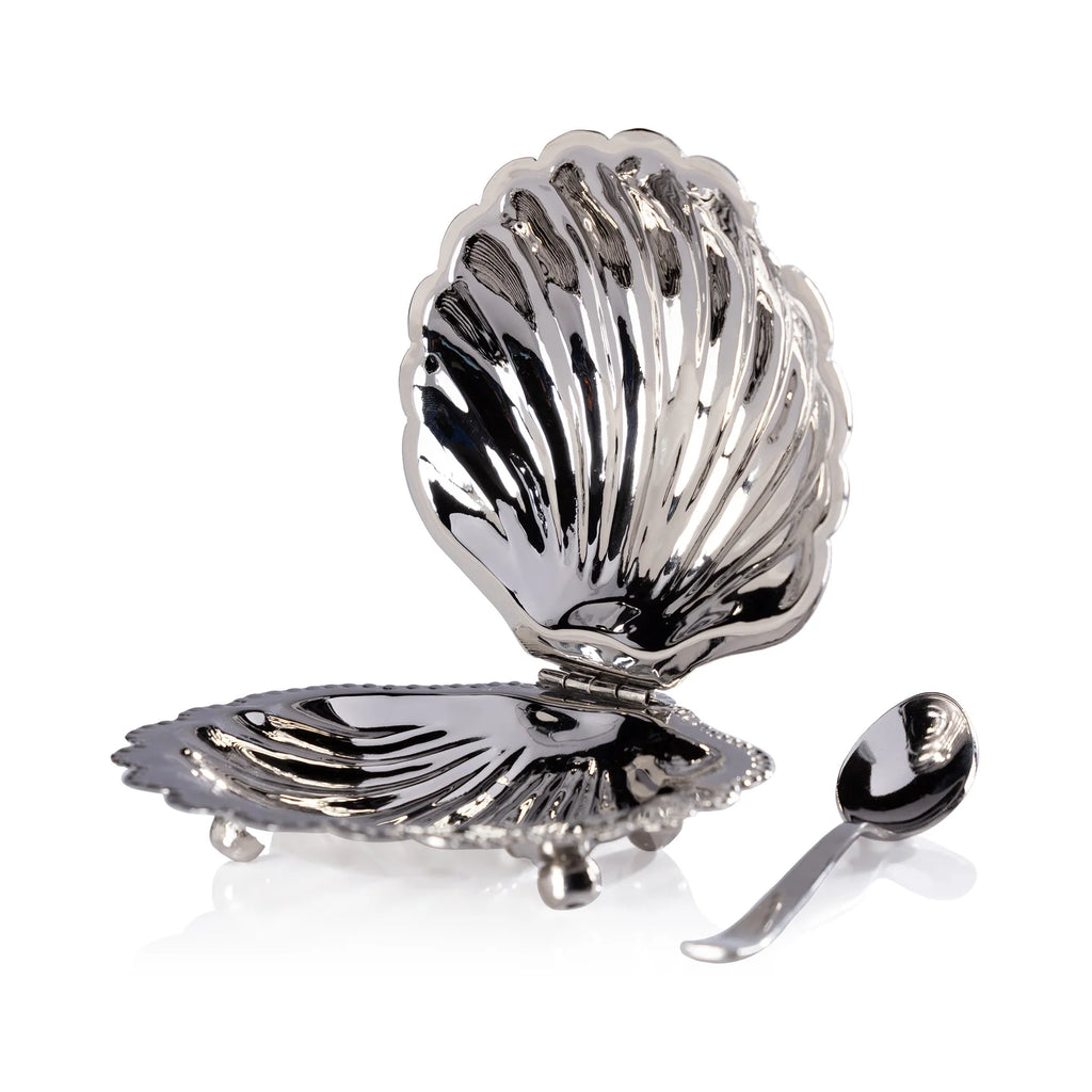 Cap Ferrat Fan Shell Lidded Bowl with Spoon - Polished Nickel