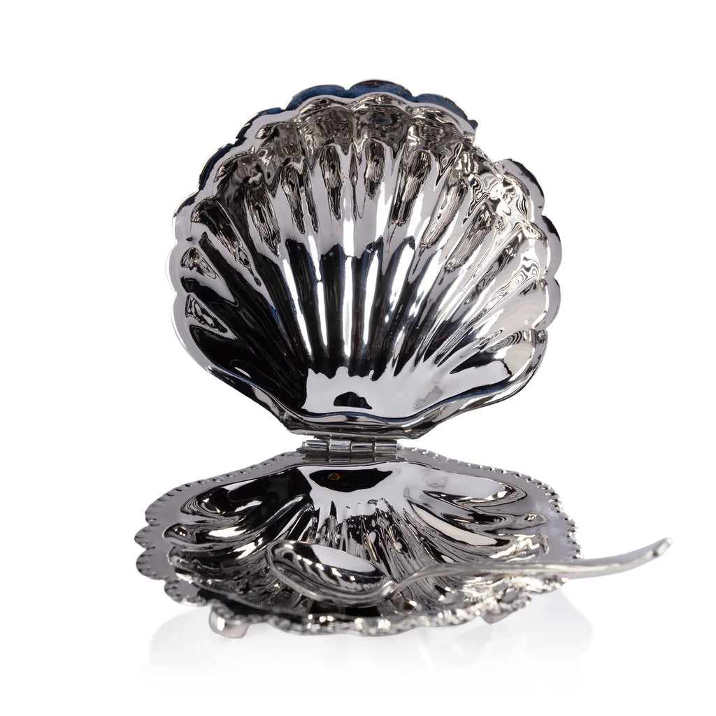 Cap Ferrat Fan Shell Lidded Bowl with Spoon - Polished Nickel
