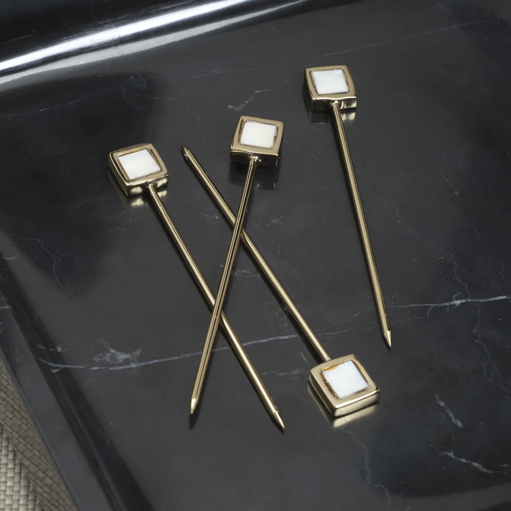 Spiga Set of 4 Cocktail Picks - Gold Alloy with Mother of Pearl Accent