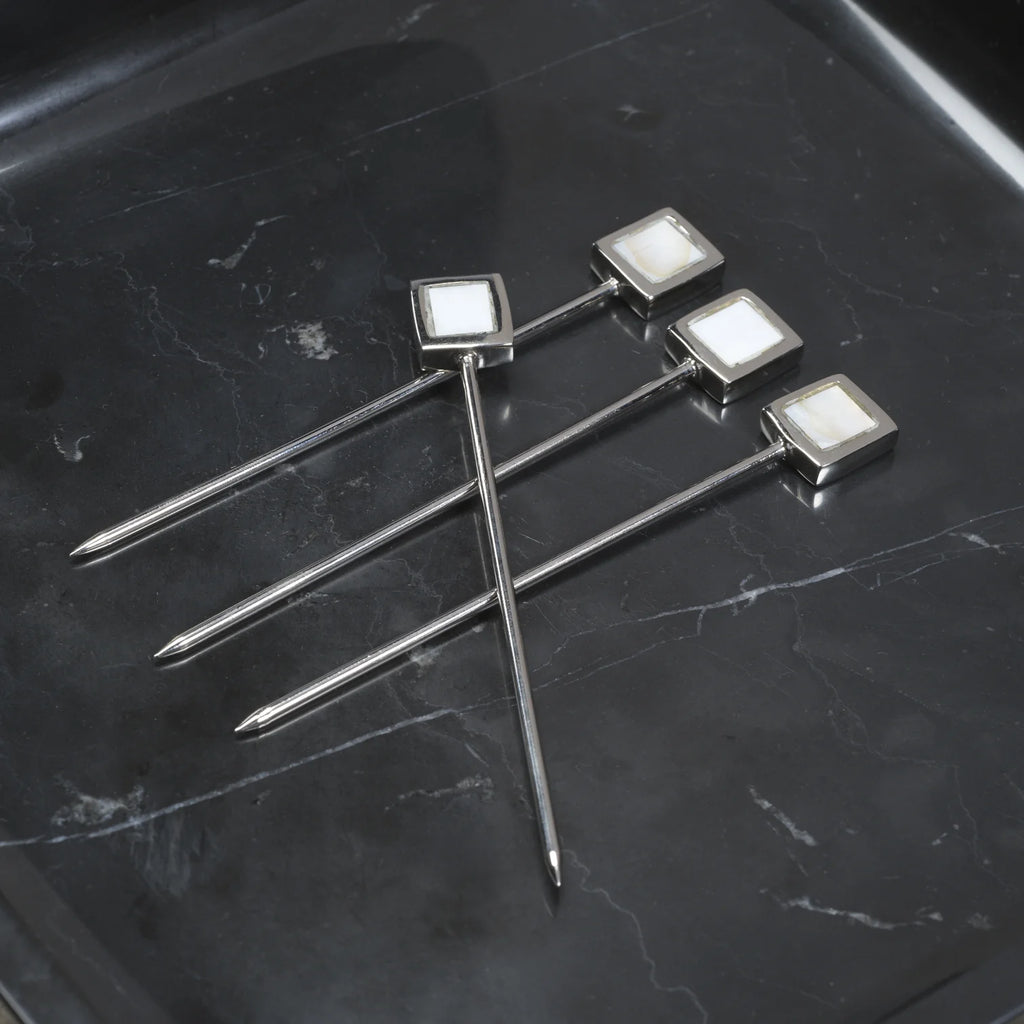 Spiga Set of 4 Cocktail Picks - Polished Nickel Alloy with Mother of Pearl Accent