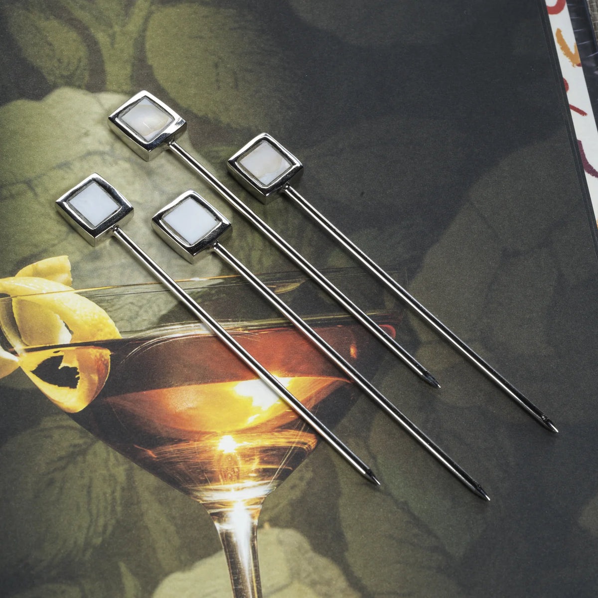 Spiga Set of 4 Cocktail Picks - Polished Nickel Alloy with Mother of Pearl Accent