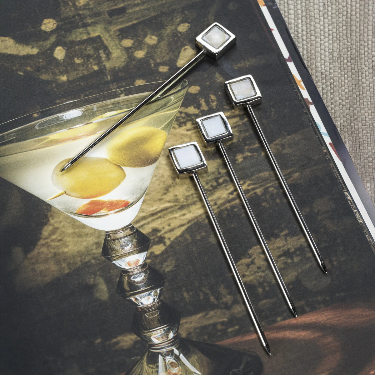 Spiga Set of 4 Cocktail Picks - Polished Nickel Alloy with Mother of Pearl Accent