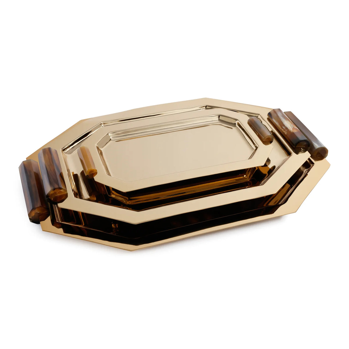Octagon Alloy Tray with Horn Handles - Polished Gold - 14.75 in