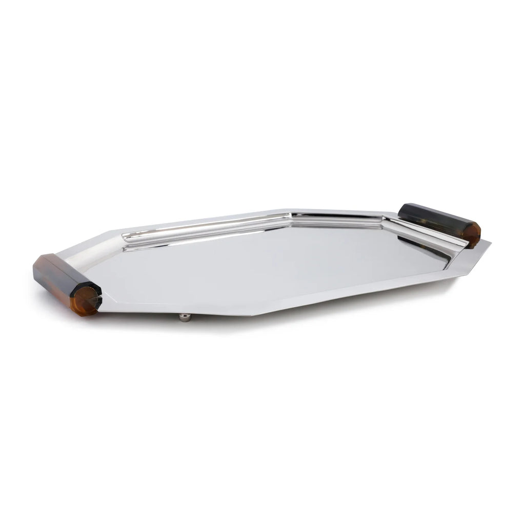 Octagon Alloy Tray with Horn Handles - Polished Nickel - 17 in